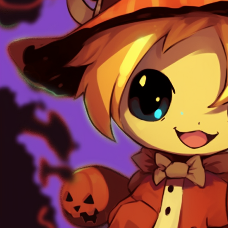 Two friendly Pokemon in haunting Halloween outfits, cheerful colors and playful style. creative matching pokemon pfp halloween theme ideas pfp for discord.