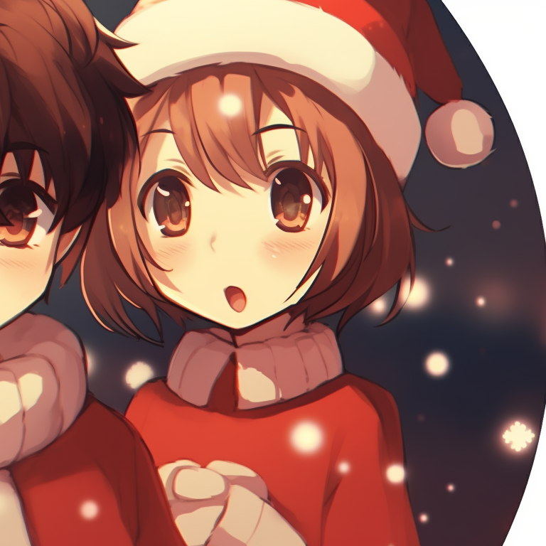 Two characters gazing at falling snow, donned in Christmas themed outfits, vibrant colors and clear details. fun-friend group matching christmas pfp pfp for discord.
