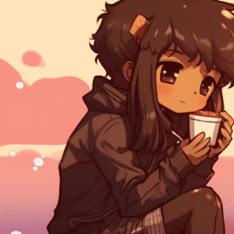 Mocha and milk sitting across each other, coffee mugs in hand, cozy café setting. milk and mocha pfp combinations pfp for discord.