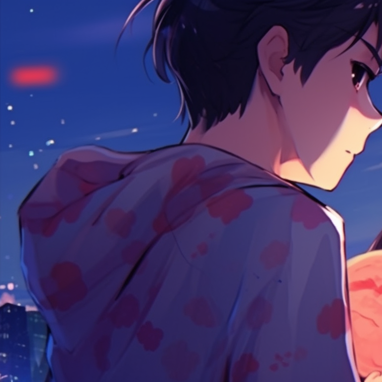 Two characters sharing a quiet moment, hazy pastel colors highlighting an atmosphere of nostalgia. fun matching pfp for bf and gf pfp for discord.