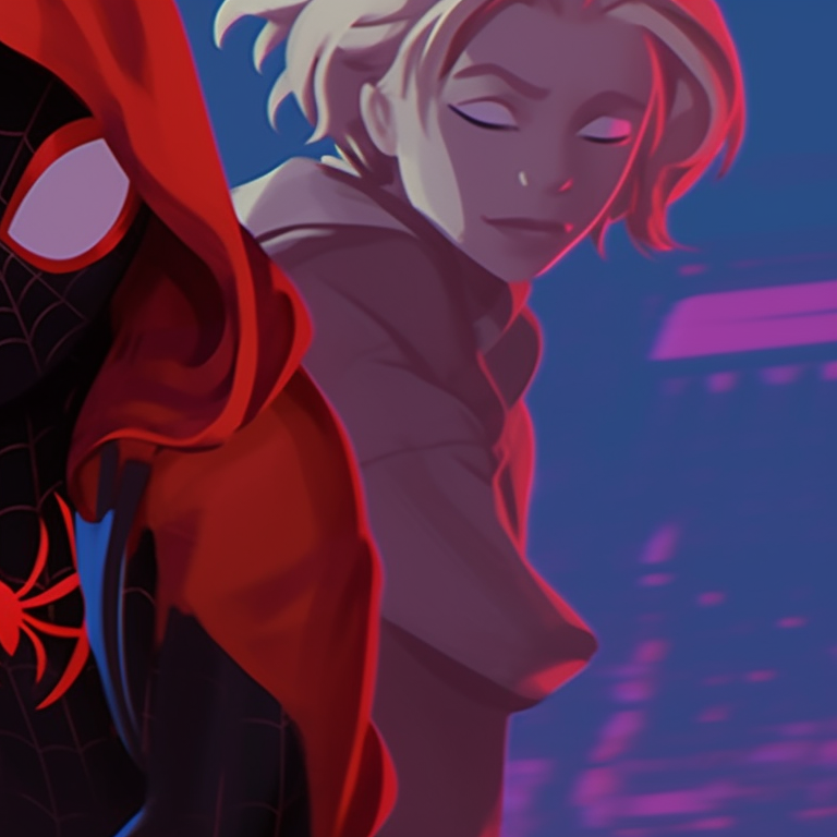 Gwen's light suit contrasts against Miles' dark suit, but their matching poses reflect unity and synergy. miles and gwen pfp alignment in spiderverse pfp for discord.