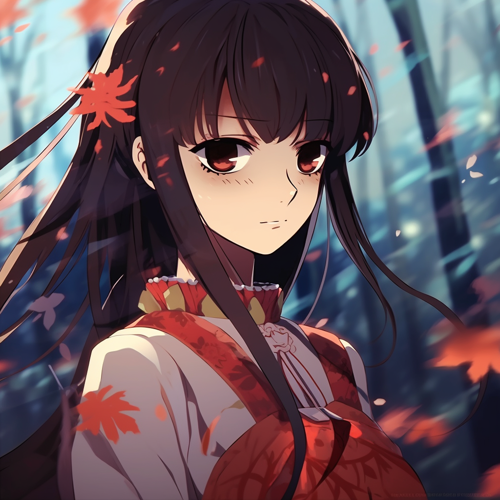 Detailed view of anime girl's eyes, complementing her Kimono, warm tones, and intricate detail. anime girl pfp in high quality