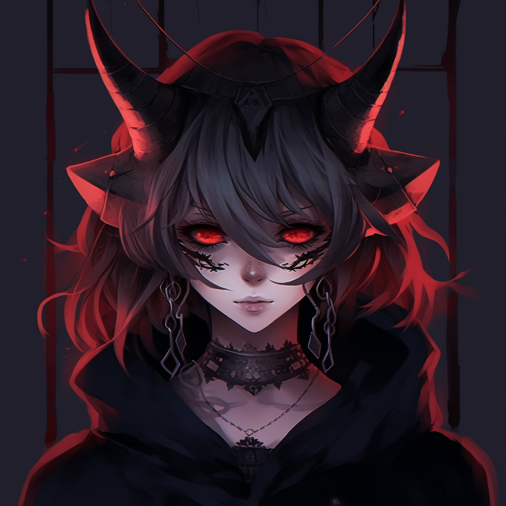 Image of a demoness with a sinister smile, accentuated with grim shadows and sharp features. girls' demonic anime pfp pfp for discord.