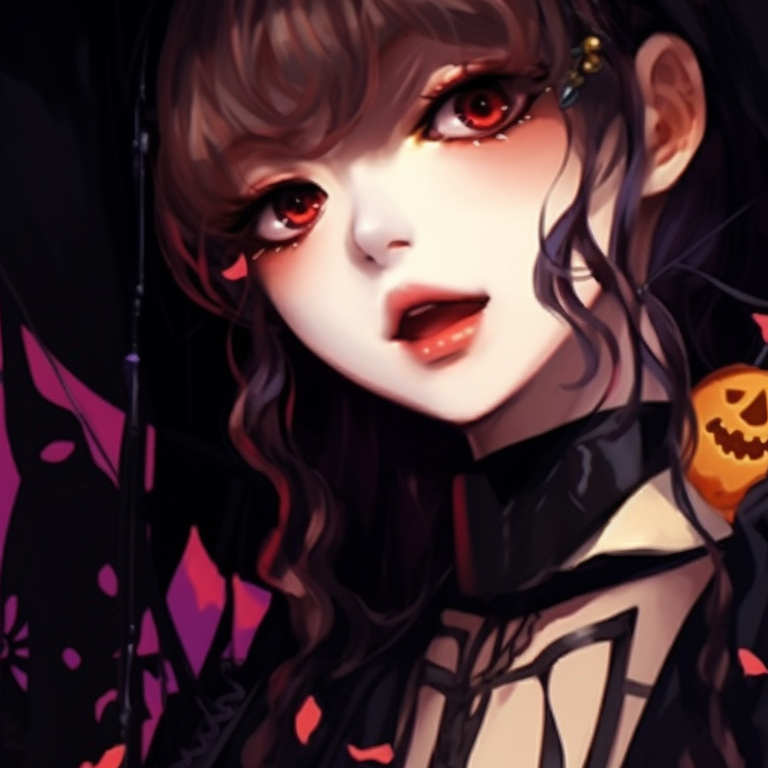 Two K-pop characters dressed in Halloween costumes, vibrant colors with a spooky background. kpop halloween theme matching pfp inspirations pfp for discord.