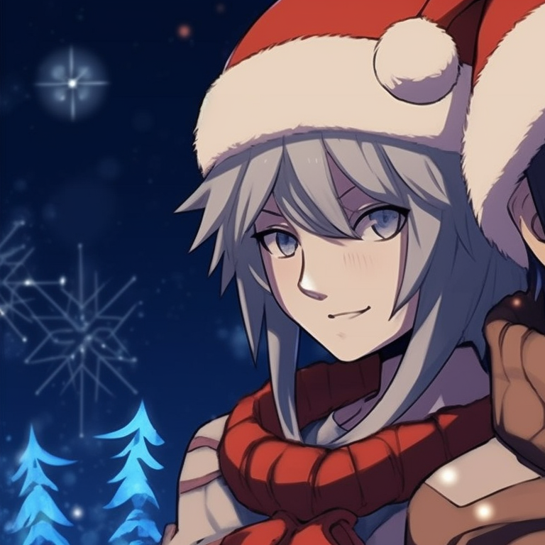 Two characters revealing Christmas gifts, joyous expressions, and contrasting holiday colors. top-tier naruto christmas matching profile pics pfp for discord.