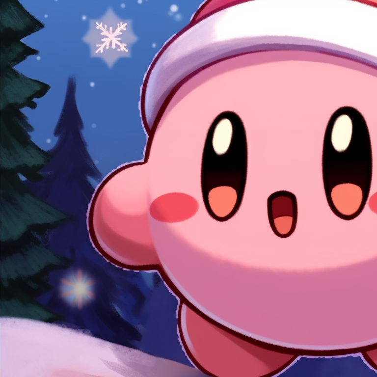 Two Kirby characters, snowy backdrop, garbed in holiday outfits. best matching kirby christmas pfp pfp for discord.