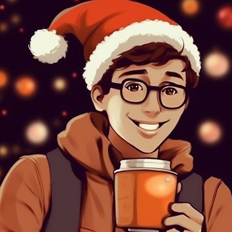 Two characters in casual wear loaded with shopping bags, foregound filled with Christmas decorations. hipster matching preppy christmas pfp pfp for discord.