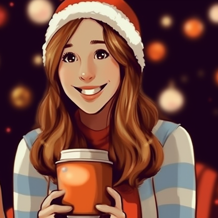 Two characters in casual wear loaded with shopping bags, foregound filled with Christmas decorations. hipster matching preppy christmas pfp pfp for discord.