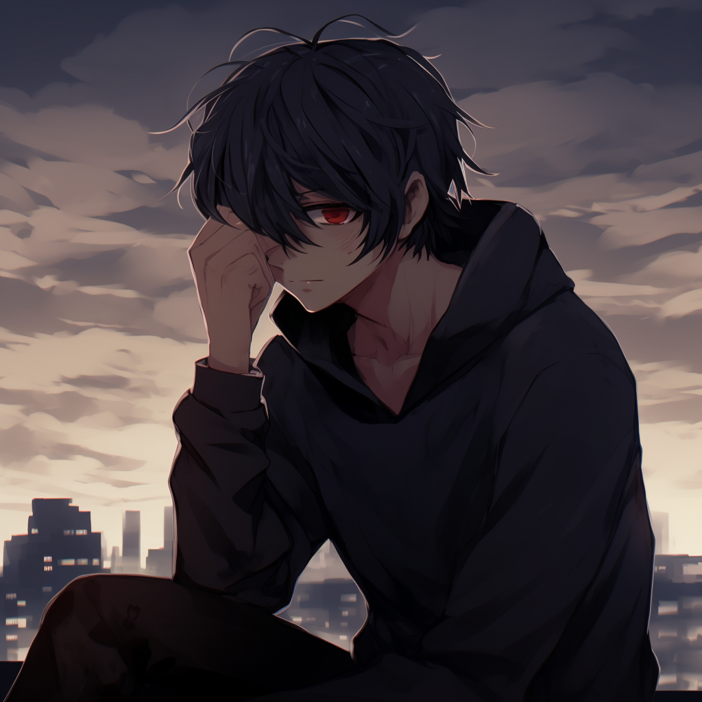 Gloomy cityscape behind an anime character, urban structures rendered with intricate detailing, muted colors. aesthetic depressed anime pfp pfp for discord.