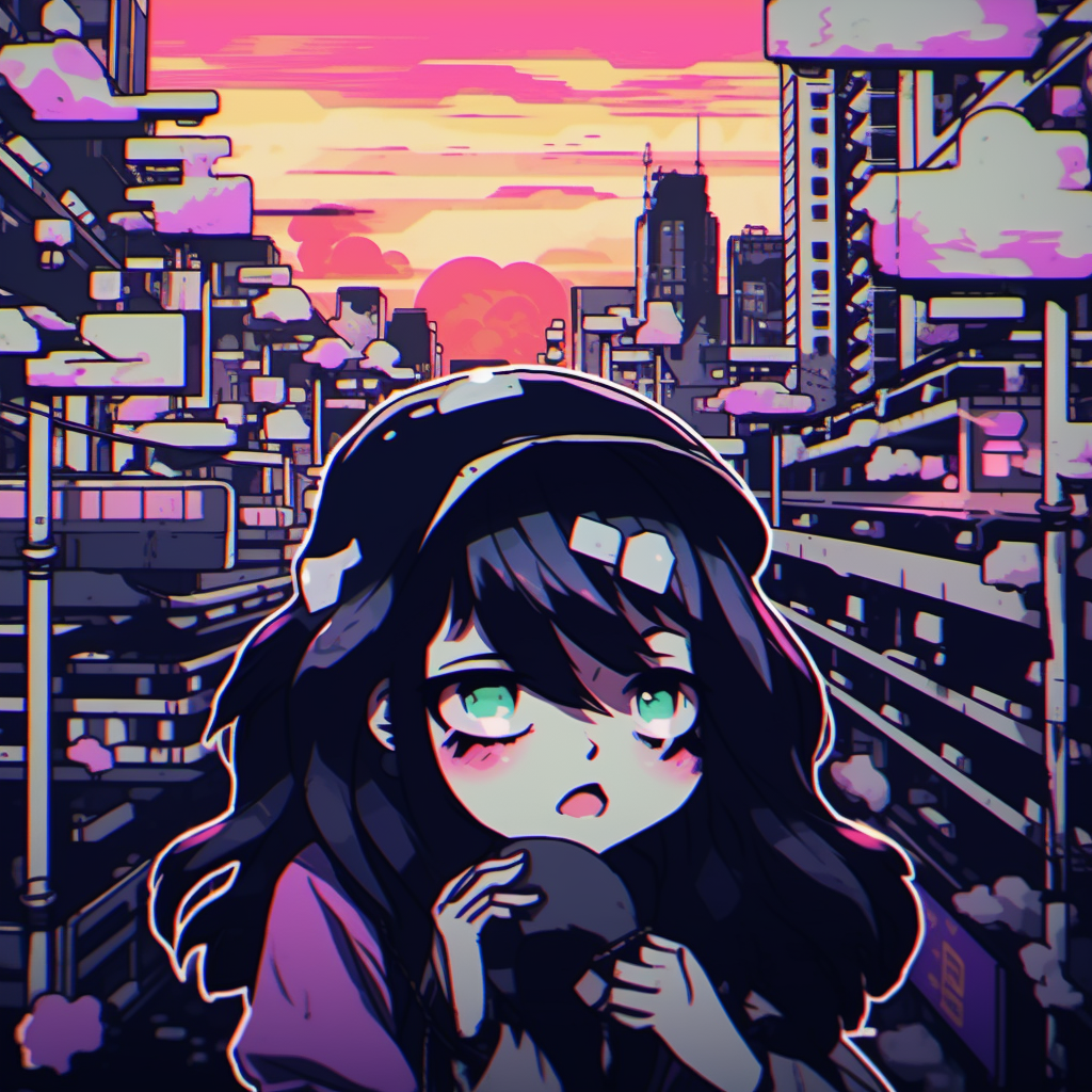 Anime city lit in neon lights, showcasing a mix of old and new architectural styles. examples of aesthetic anime pfp anime pfp