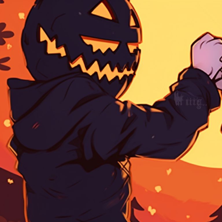 Two characters dressed in witch and ghost costumes, their poses creating a symmetrical composition, saturated colours and detailed accessories. matching meme pfp from halloween films pfp for discord.