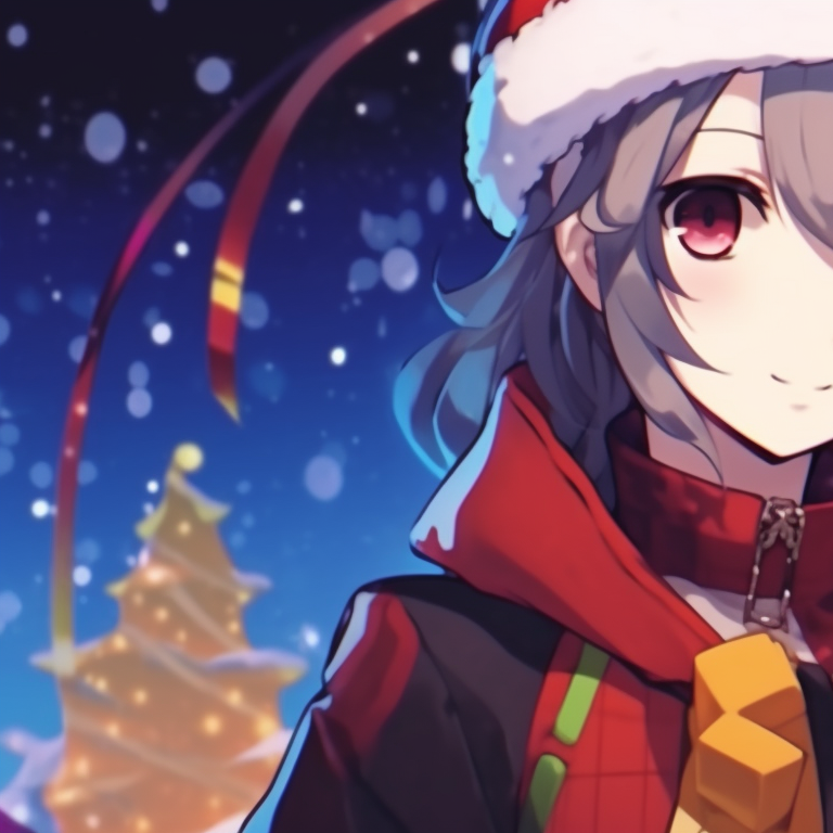 Two characters exchanging gifts, cheery holiday colors and youthful energy. colorful matching christmas pfp 2021 pfp for discord.