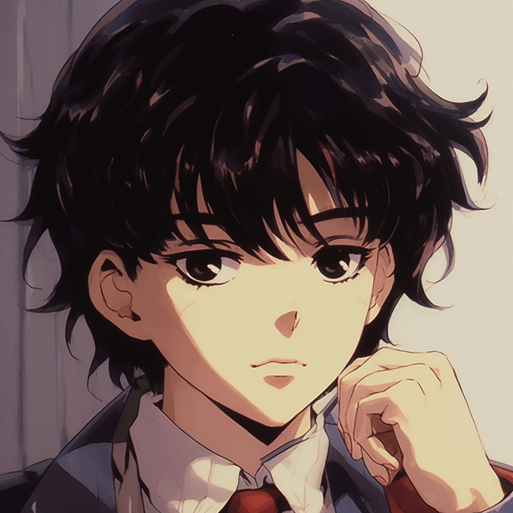 Charming anime boy with a cool smirk, detailed facial expressions and softer color palette typical of 90s anime. vintage 90s anime pfp boy