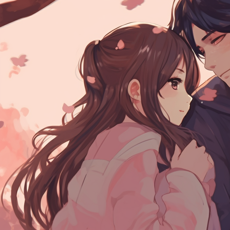 Two characters under blooming cherry blossom tree, featuring pastel tones and delicate lines. anime couples matching pfp for lovebirds pfp for discord.