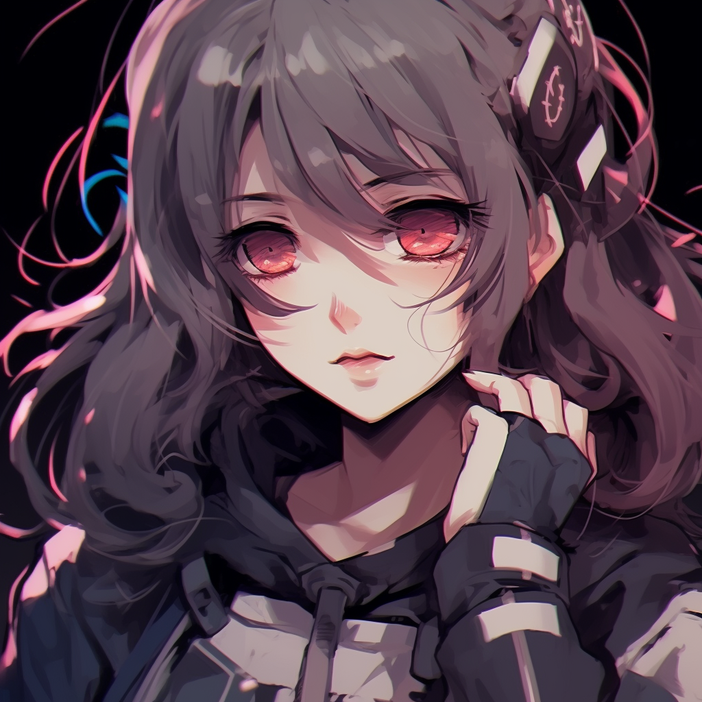 Close up of an egirl character with a cyberpunk aesthetic, feature distinct edgy lines and metallic hues. trendy egirl anime pfp pfp for discord.