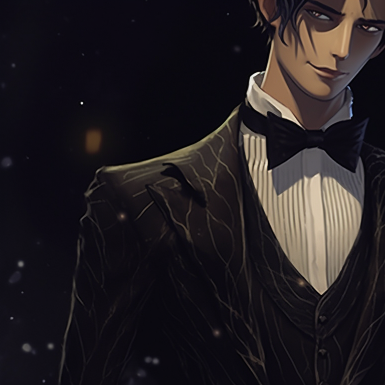 Two characters in sophisticated attire, dark colors and subtle glow, whispering secrets. elegant matching spooky christmas pfp for loved ones pfp for discord.