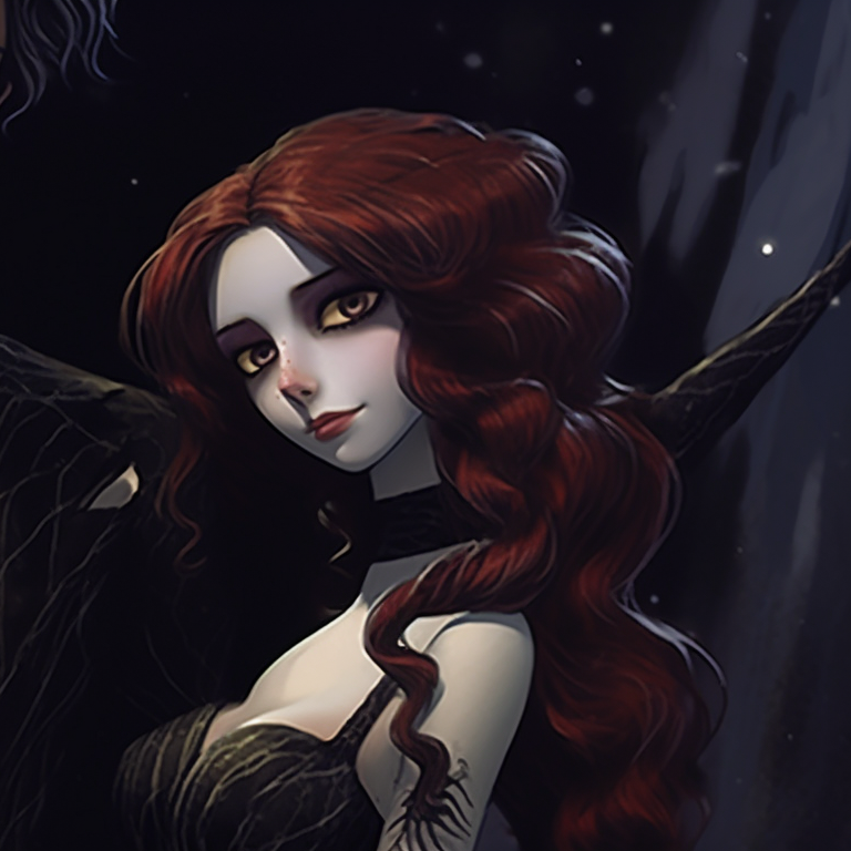 Two characters in sophisticated attire, dark colors and subtle glow, whispering secrets. elegant matching spooky christmas pfp for loved ones pfp for discord.