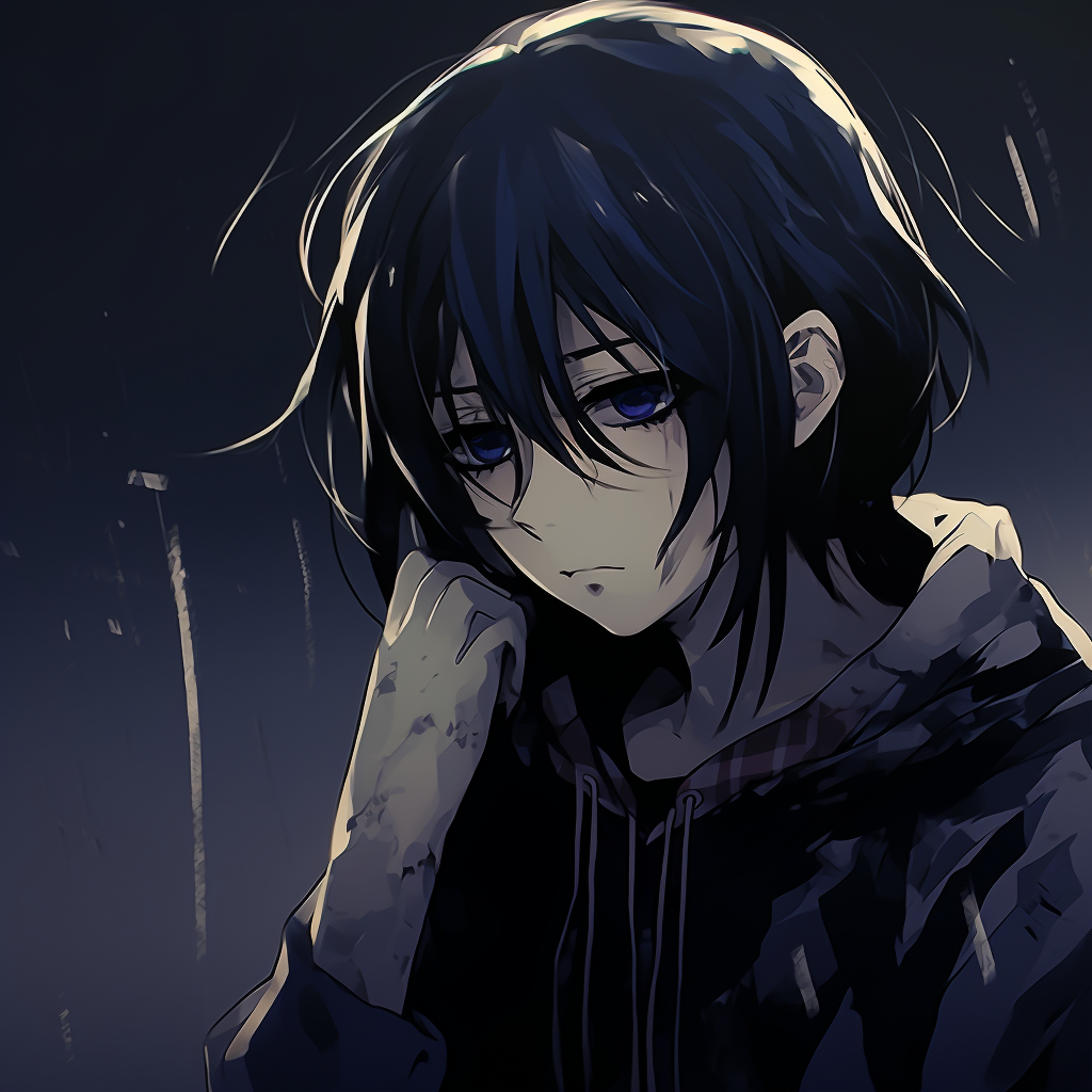Picture of an anime boy with a melancholic stare, rich detailing and somber colors. depressed anime boy pfp collection