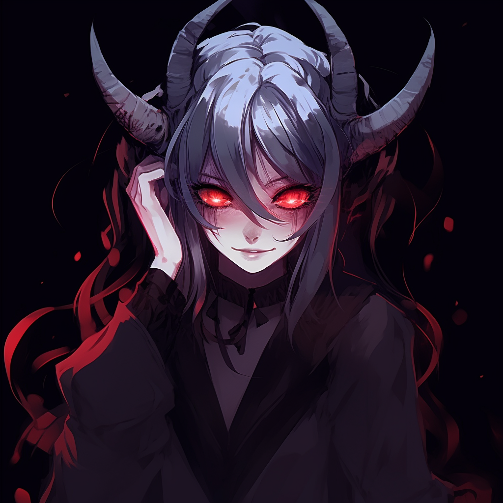 Full body shot of anime girl in demon form, series of intricate details in her outfit. girls' demonic anime pfp pfp for discord.
