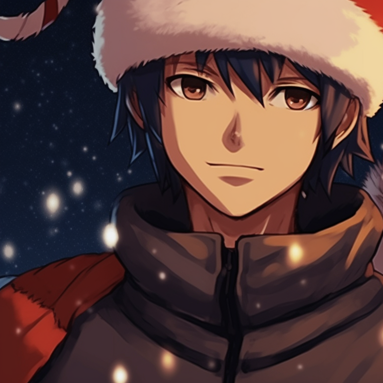 Two characters wearing winter clothes, snowy backdrop of Konoha, Naruto's home village. charming matching christmas pfp naruto pfp for discord.
