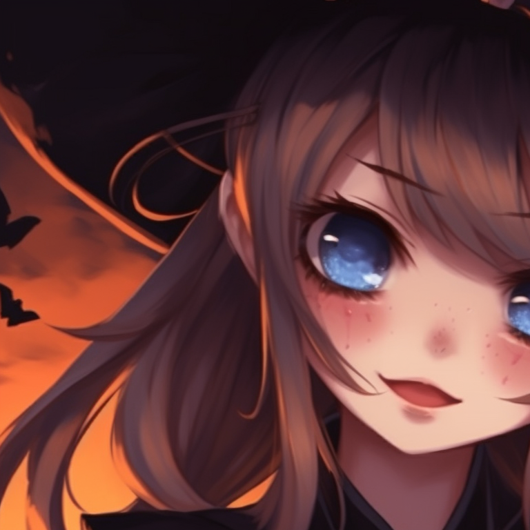 Two girls emphasized in gothic-styled witch costumes with bats, dark color palettes with subtle highlights. cute girl anime halloween matching pfp pfp for discord.