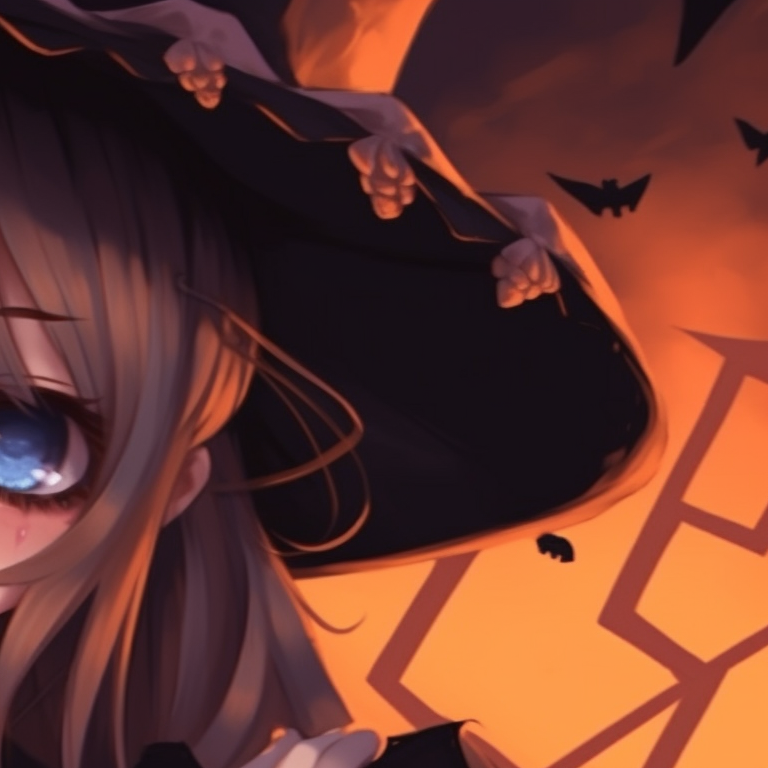 Two girls emphasized in gothic-styled witch costumes with bats, dark color palettes with subtle highlights. cute girl anime halloween matching pfp pfp for discord.