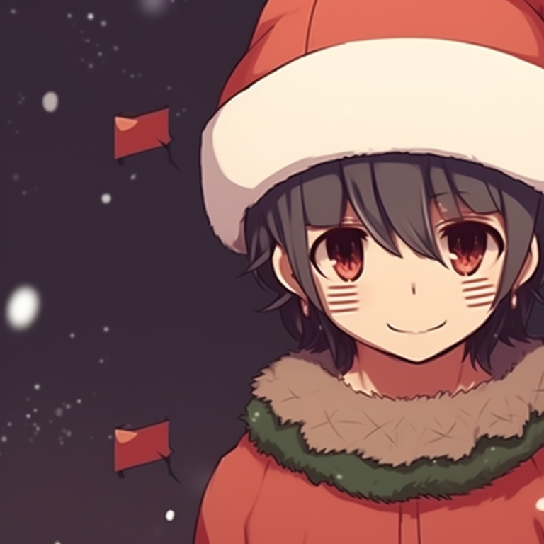 Two anime characters, Christmas hats and cozy outfits, holding hands. iconic matching christmas pfp aesthetic pfp for discord.