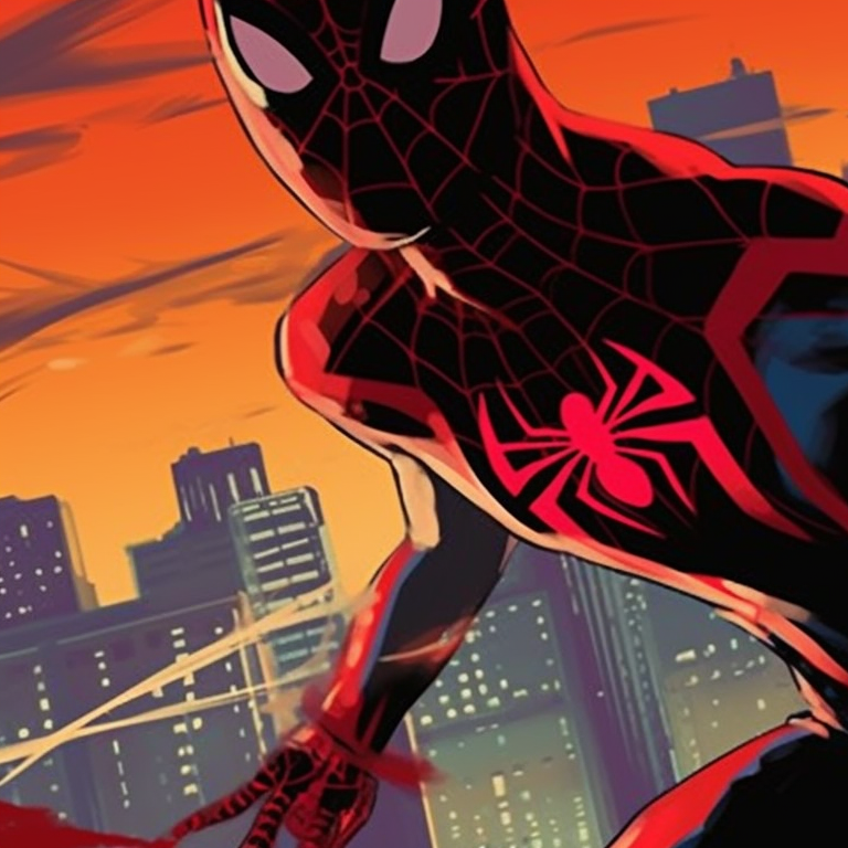 Two characters swinging across the skyline in their spiderman attire, bold color palette emphasizing the cityscape. celebrity spider man matching pfp pfp for discord.