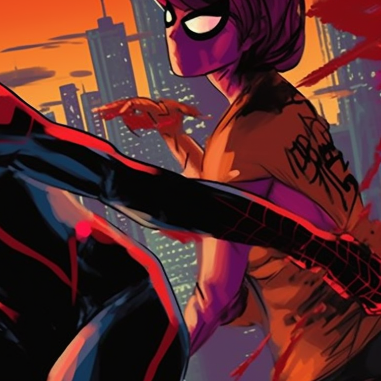 Two characters swinging across the skyline in their spiderman attire, bold color palette emphasizing the cityscape. celebrity spider man matching pfp pfp for discord.