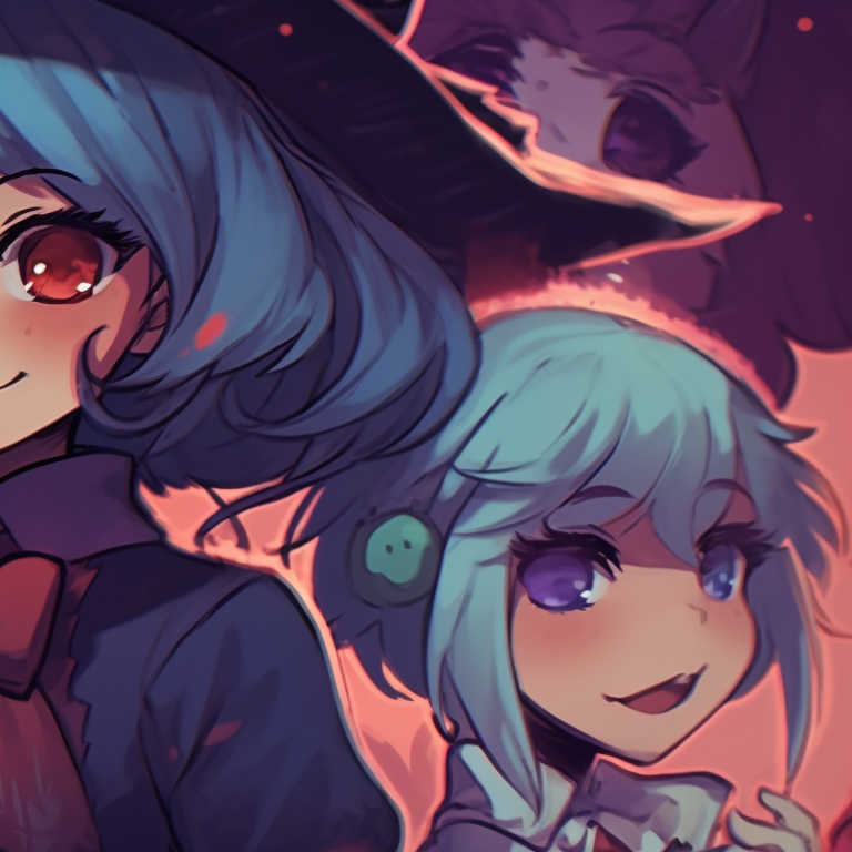 Ensemble of three characters, embodying their Halloween personas, draped in darker tones. matching halloween trio pfp pfp for discord.