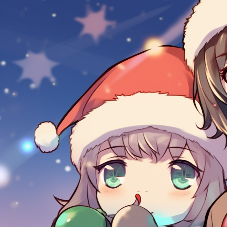 Two characters in a snowy landscape, vibrant pops of color against a white backdrop, sharing a single scarf. seasonal matching pfp christmas pfp for discord.