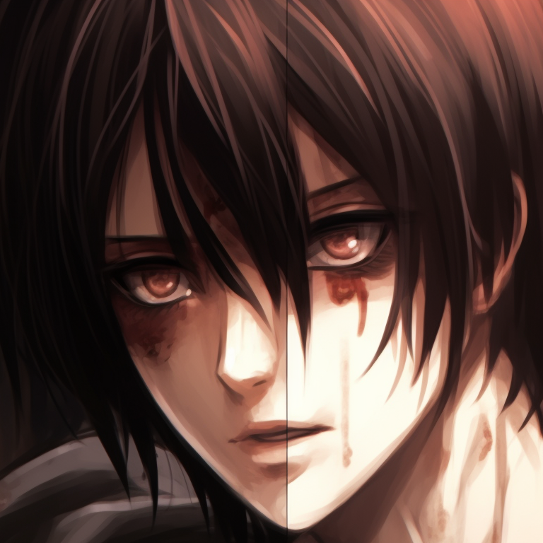 Eren and Mikasa depicted with ghastly features, dark undertones and intense expressions. eren and mikasa matching pfp with a spooky twist pfp for discord.