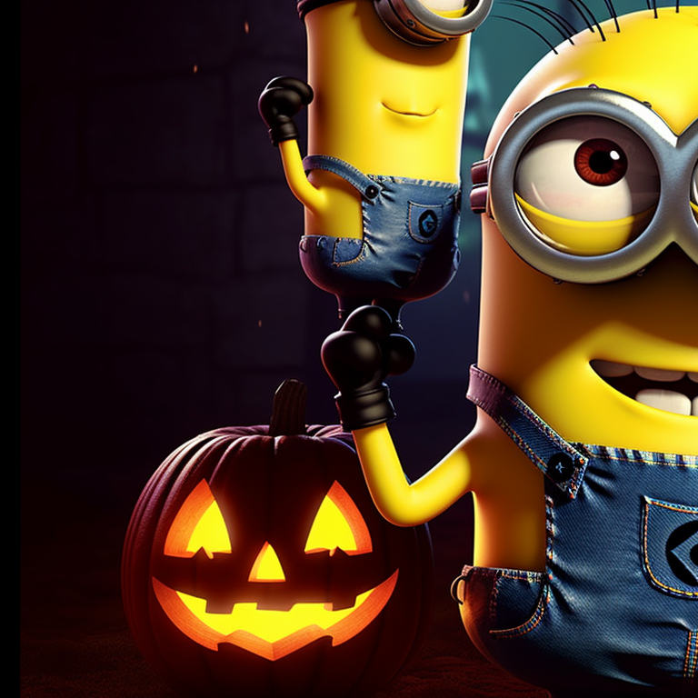 Two Minions, vivid colors and jesting mock fear, holding bags of candies. matching pfp with minion theme for halloween pfp for discord.