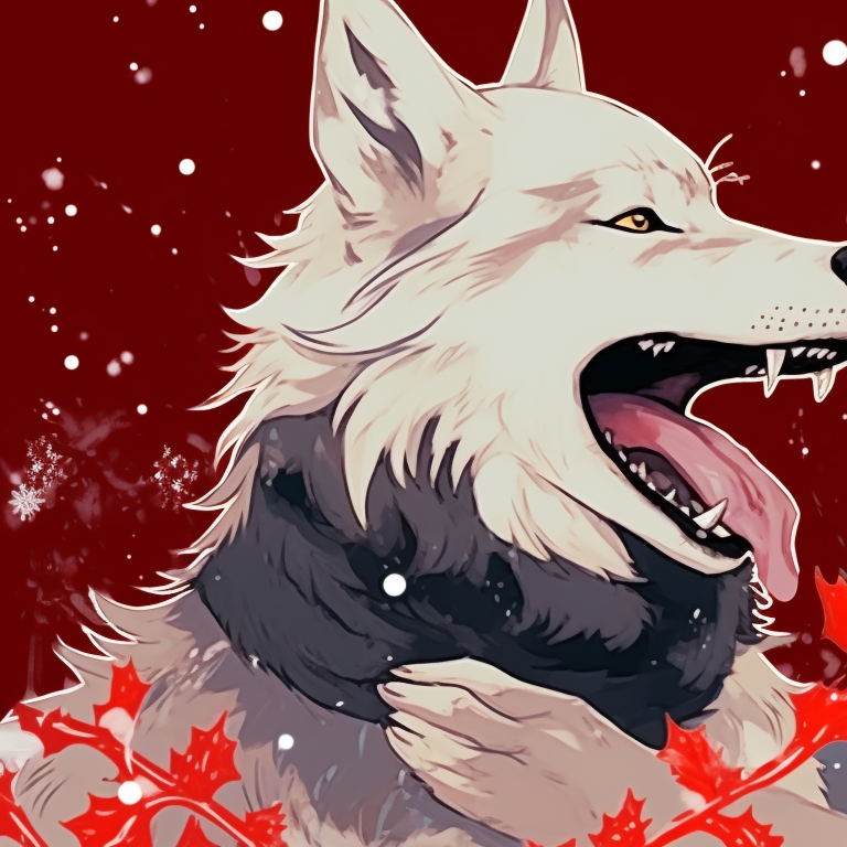 Two wolf characters, bright red accessories, engaged in playful banter. holiday matching christmas wolf pfp pfp for discord.