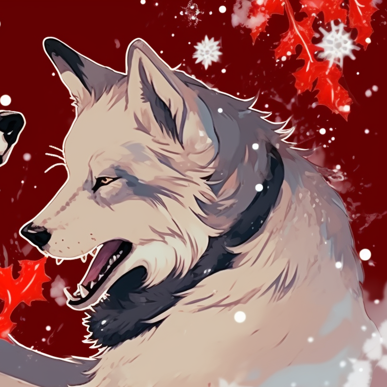 Two wolf characters, bright red accessories, engaged in playful banter. holiday matching christmas wolf pfp pfp for discord.