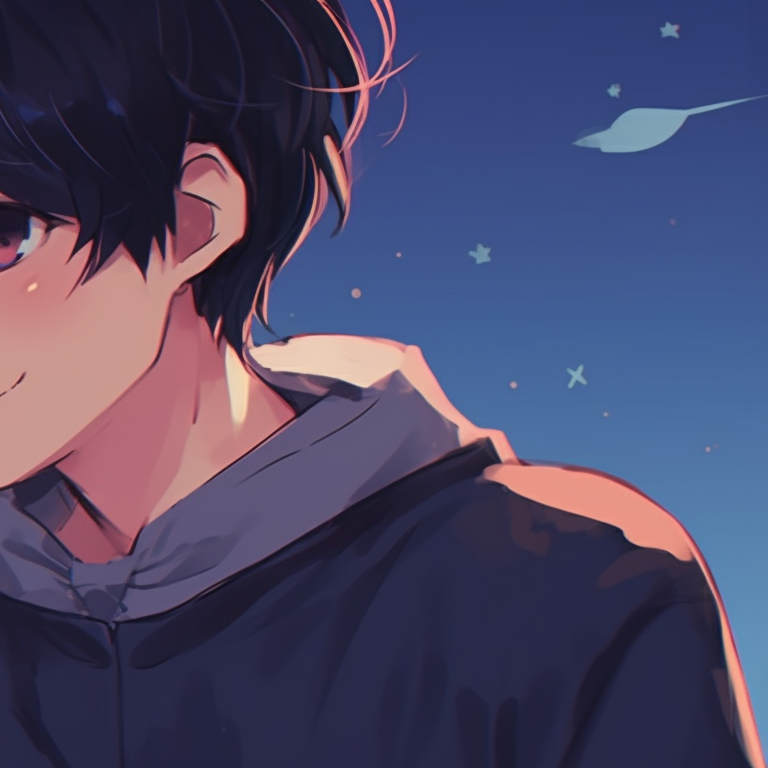 Two characters, one in light colors and one in dark, under a rain of falling stars. anime aesthetic matching pfp couple pfp for discord.