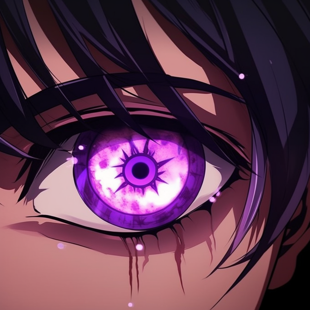 Profile picture of a boy with deep purple eyes, unique eye design with split colors. cutesy anime eyes pfp boy styles