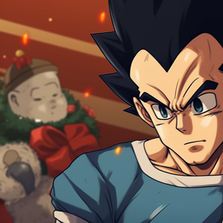 Vegeta and Bulma under the falling snow, surrounded by twinkling Christmas lights, set in a winter background. christmas dragonball bulma and vegeta matching pfp themes pfp for discord.