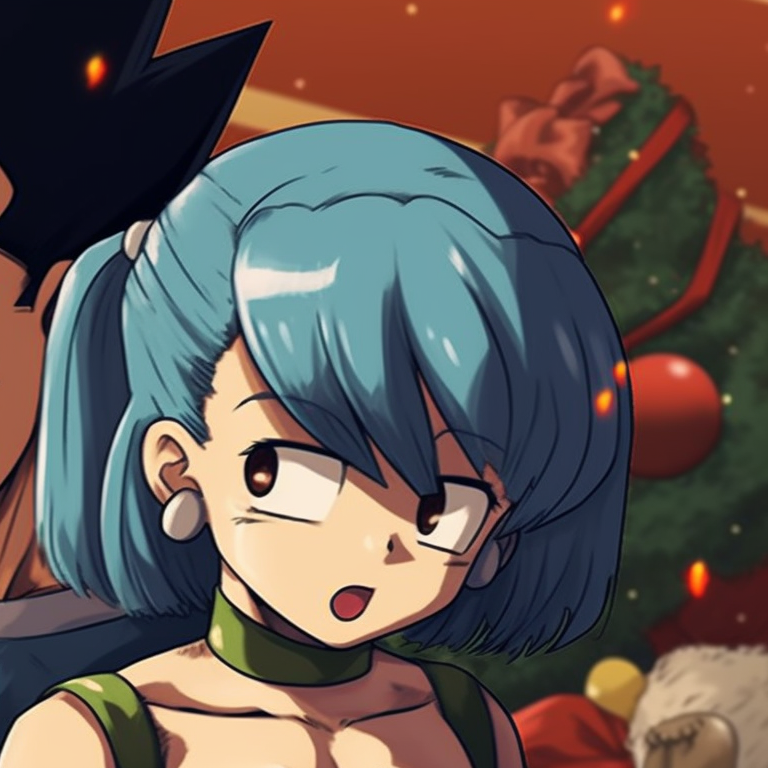 Vegeta and Bulma under the falling snow, surrounded by twinkling Christmas lights, set in a winter background. christmas dragonball bulma and vegeta matching pfp themes pfp for discord.