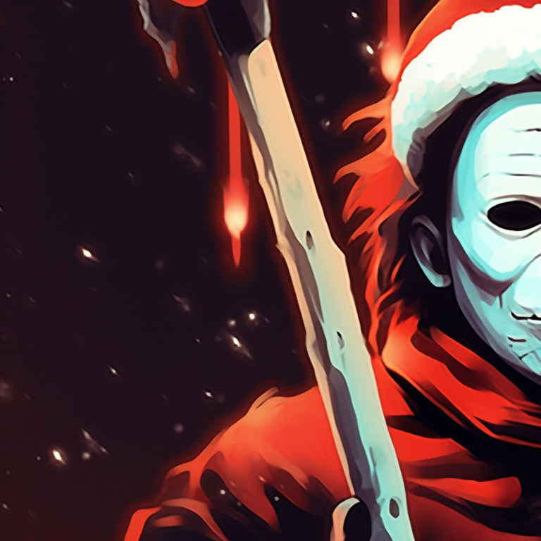 Michael Myers in a Santa hat, cold colors and ominous shadowing, holding a candy cane-shaped knife.  festive michael myers pfp pfp for discord.