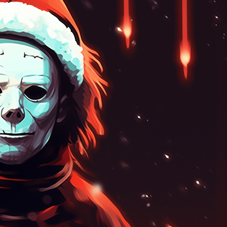 Michael Myers in a Santa hat, cold colors and ominous shadowing, holding a candy cane-shaped knife.  festive michael myers pfp pfp for discord.