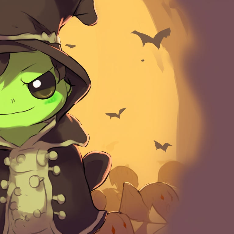 Two frog characters in wizard hats, glowing orbs and dark purples and blues, a magical atmosphere. unique matching frog pfp halloween theme styles pfp for discord.