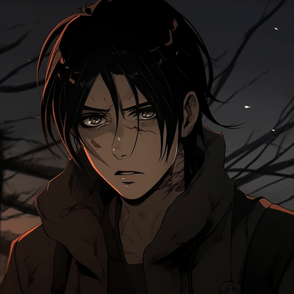 Eren Yeager in a dark, desolate setting, featuring muted colors and stark lines. anime-focused dark aesthetic pfp pfp for discord.