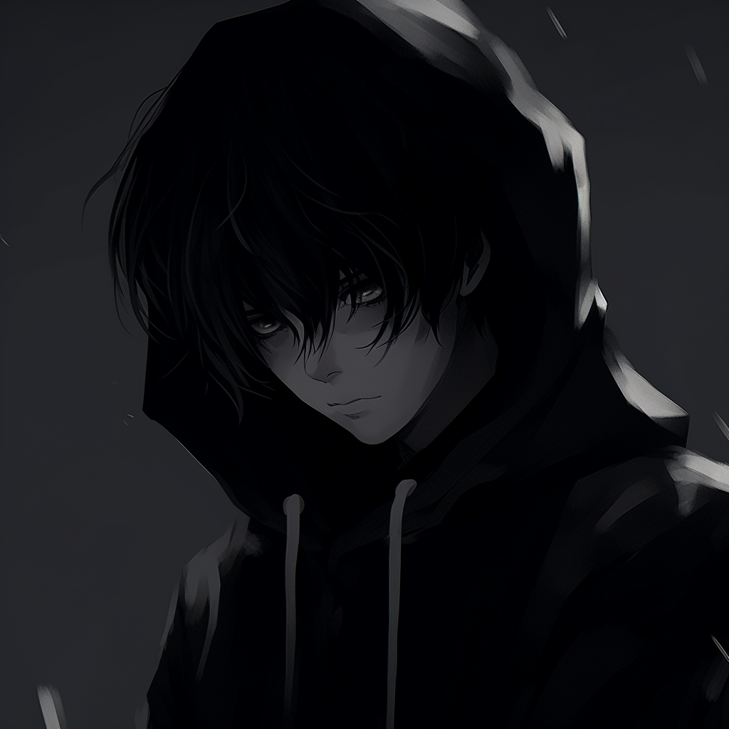 A persona shrouded in shadows, darker colors and low contrast. anime pfp in dark aesthetic mood pfp for discord.