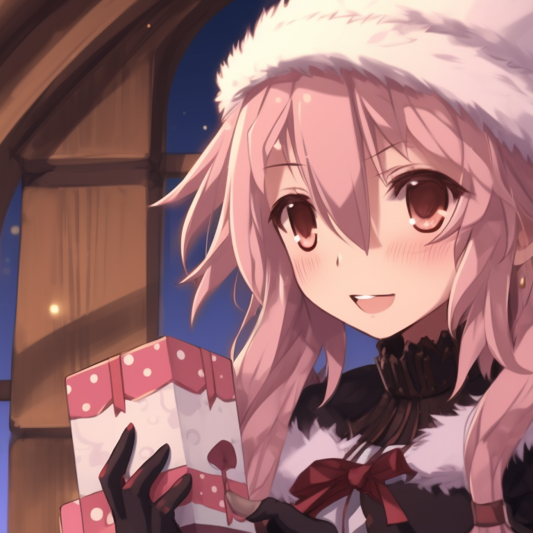 Astolfo with a companion beside a lit fireplace, wearing matching Santa hats and holding hot cocoa, signifying holiday warmth. astolfo themed christmas matching pfp pfp for discord.