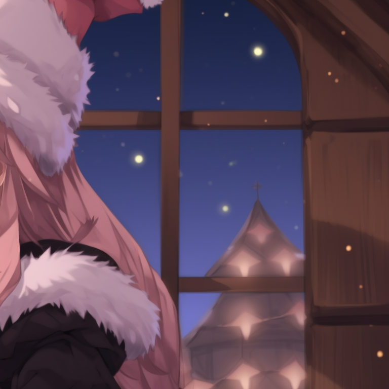 Astolfo with a companion beside a lit fireplace, wearing matching Santa hats and holding hot cocoa, signifying holiday warmth. astolfo themed christmas matching pfp pfp for discord.