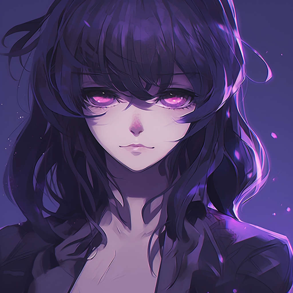 Anime girl bathed in radiant purple light, illuminating the character's delicate features. mesmerizing purple anime girls