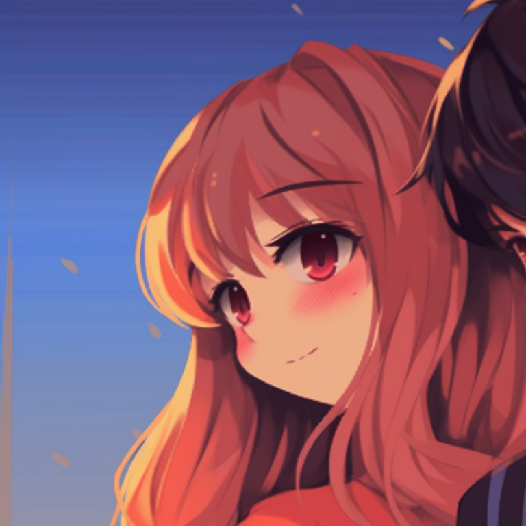 Two characters, vibrant colors, walking together. cute anime couples matching pfp designs pfp for discord.