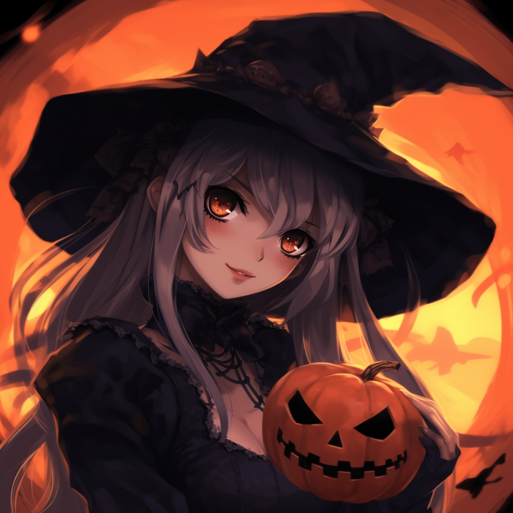 Halloween Anime profile picture featuring a schoolgirl, spooky facial expression and soft shading. halloween anime pfp for girls