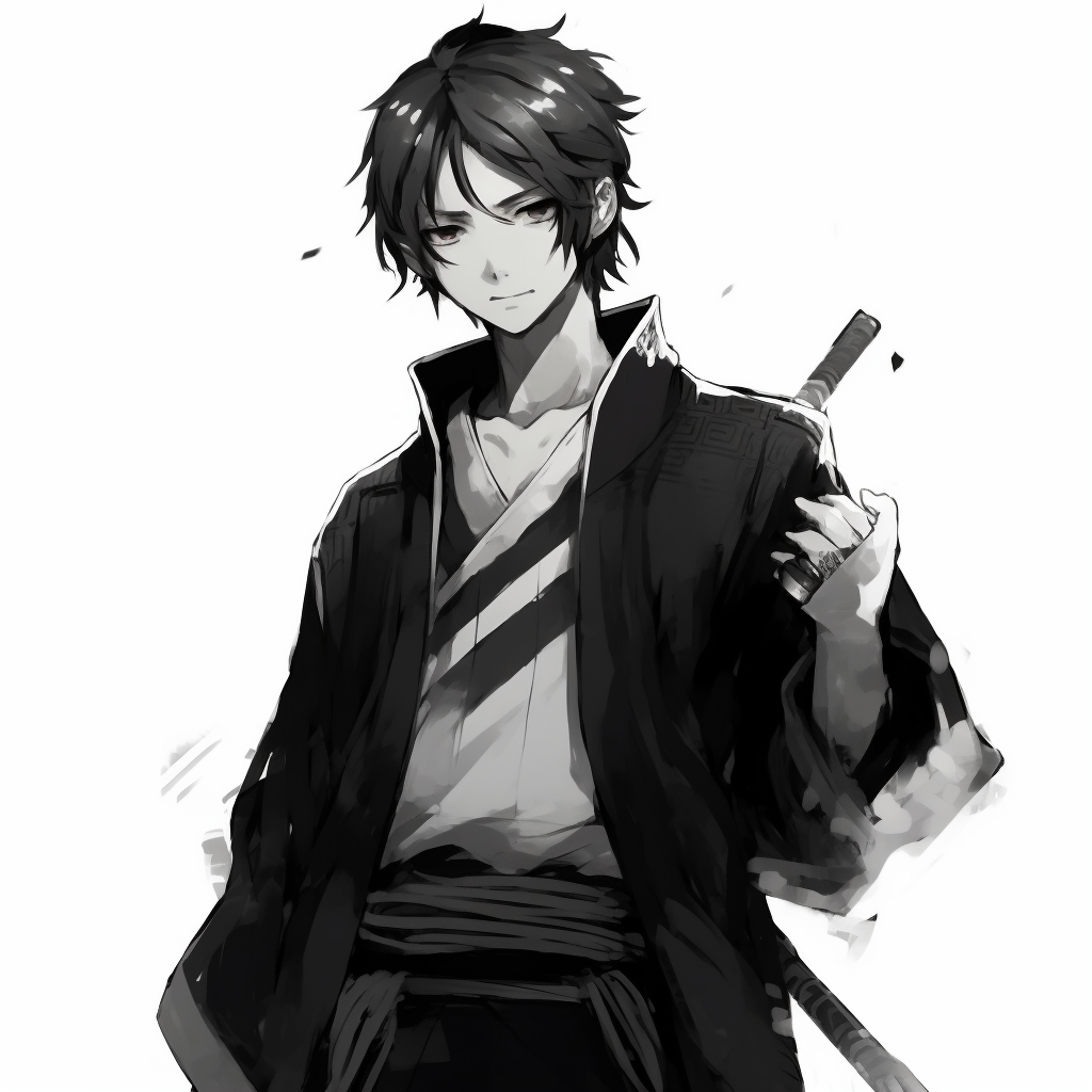 Samurai dressed character, traditional garment details and striking pose anime pfp for guys in manga pfp for discord.